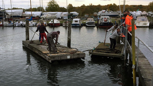 ... dafür trainiert die Arbeit auf der schwimmenden Plattform den Gleichgewichtssinn ...